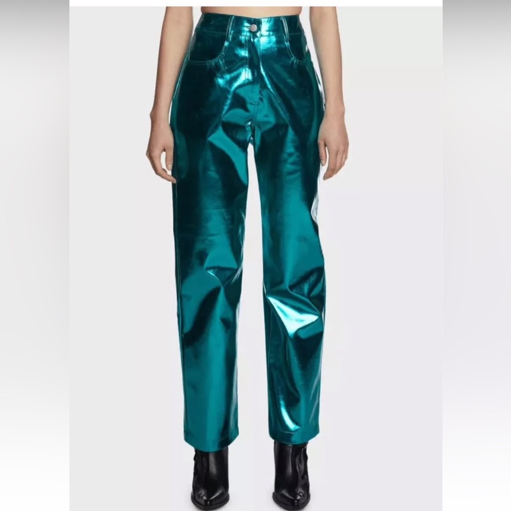 Shimmering Teal Straight Leg Pants large metallic
